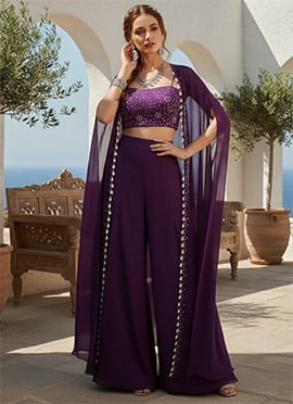 Purple Georgette Hand Embroidered With Beads Work Jacket Palazzo Set