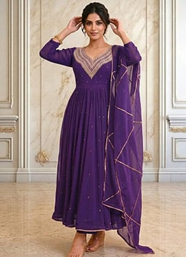 Purple Georgette Hand Embroiodered With Beads Work Anarkali Suit
