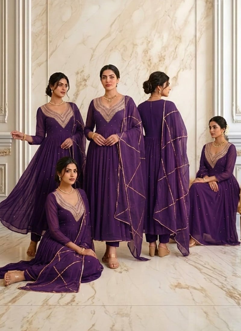 Purple Georgette Hand Embroiodered With Beads Work Anarkali Suit Wedding Wear