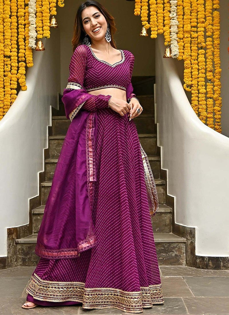 Purple Georgette Leheriya Print Zari Work Beautiful Lehenga Festive Wear