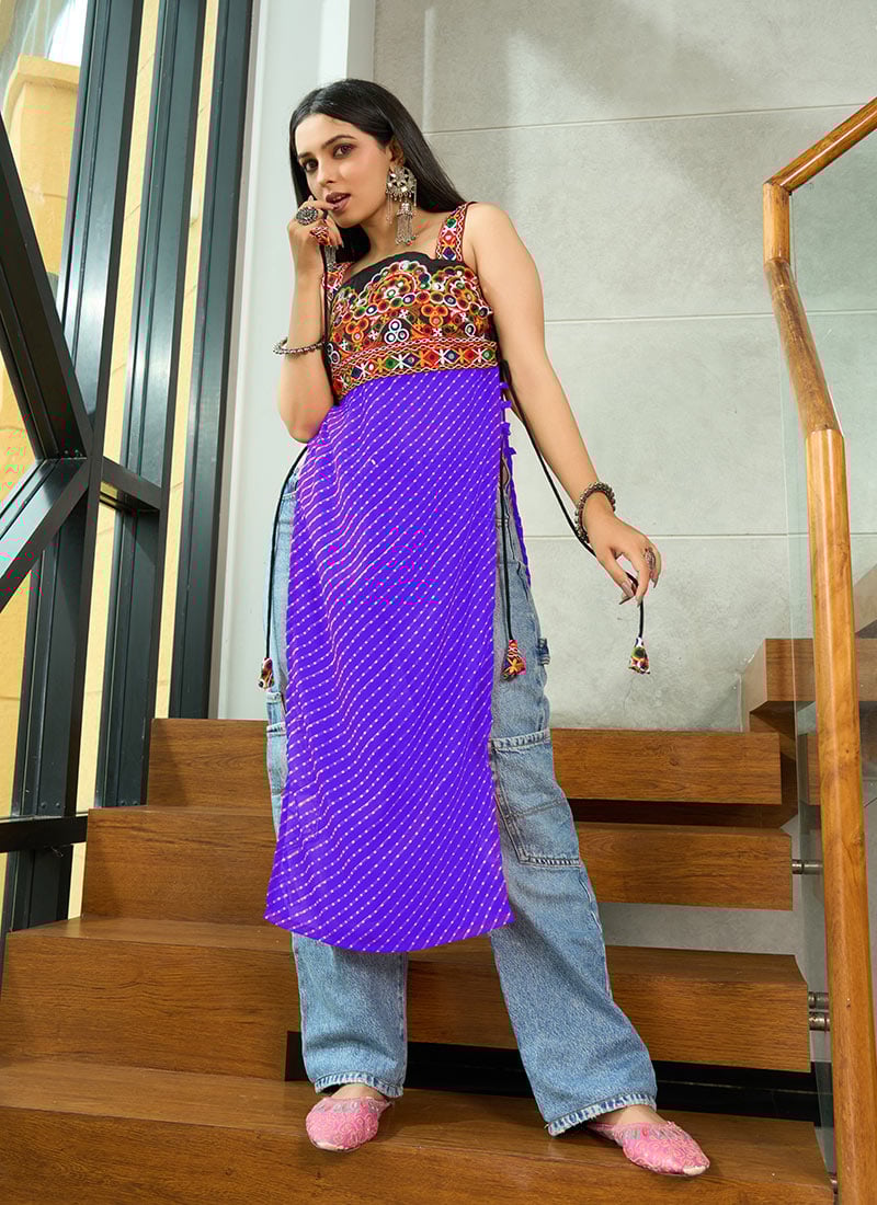 Purple Georgette Mirror Work With Kutch And Leheriya Print Tunic Festive Wear