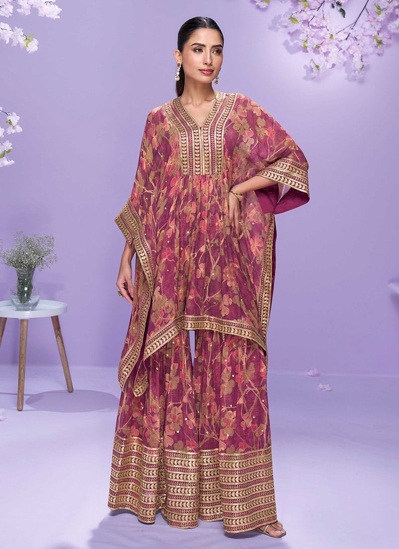 Purple Georgette Printed Embroidered With Gota Work Indowestern Kaftan Sharara Set  Festive Wear