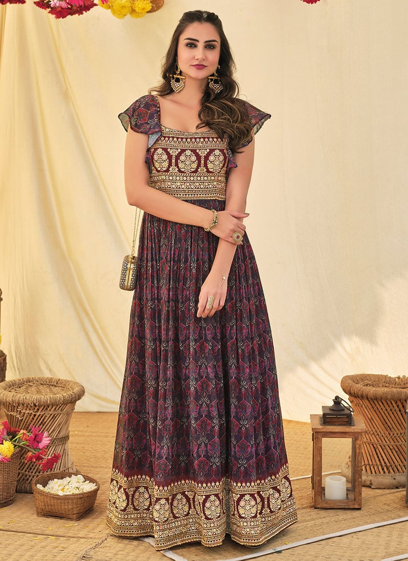 Purple Georgette Printed Gown Party Wear