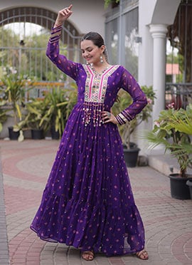 Purple Georgette Printed Kutchi Patch Work Indowestern Gown