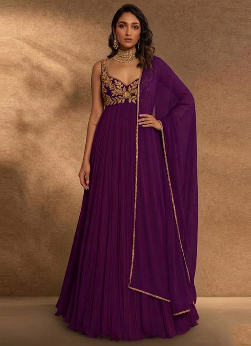 Purple Georgette Resham Beads Hand Embroidered Anarkali Suit Festive Wear