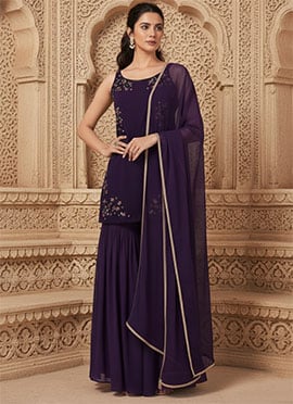 Purple Georgette Resham Stones Hand Embroidered Sharara Suit