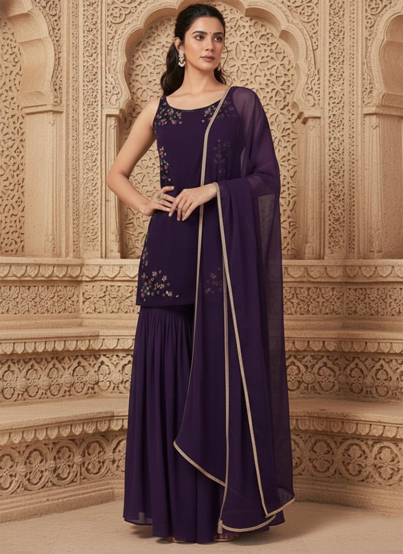 Purple Georgette Resham Stones Hand Embroidered Sharara Suit Festive Wear