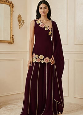 Purple Georgette Resham Zari Sequins Palazzo Suit
