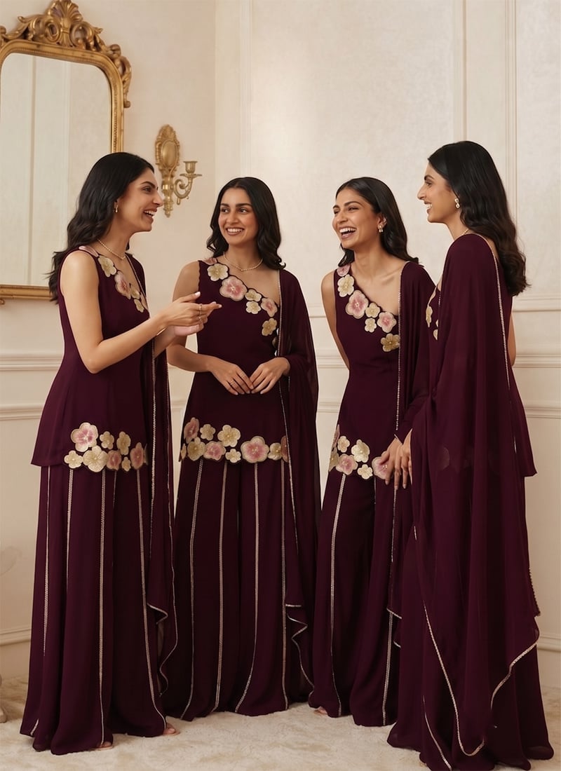 Purple Georgette Resham Zari Sequins Palazzo Suit After Six Wear