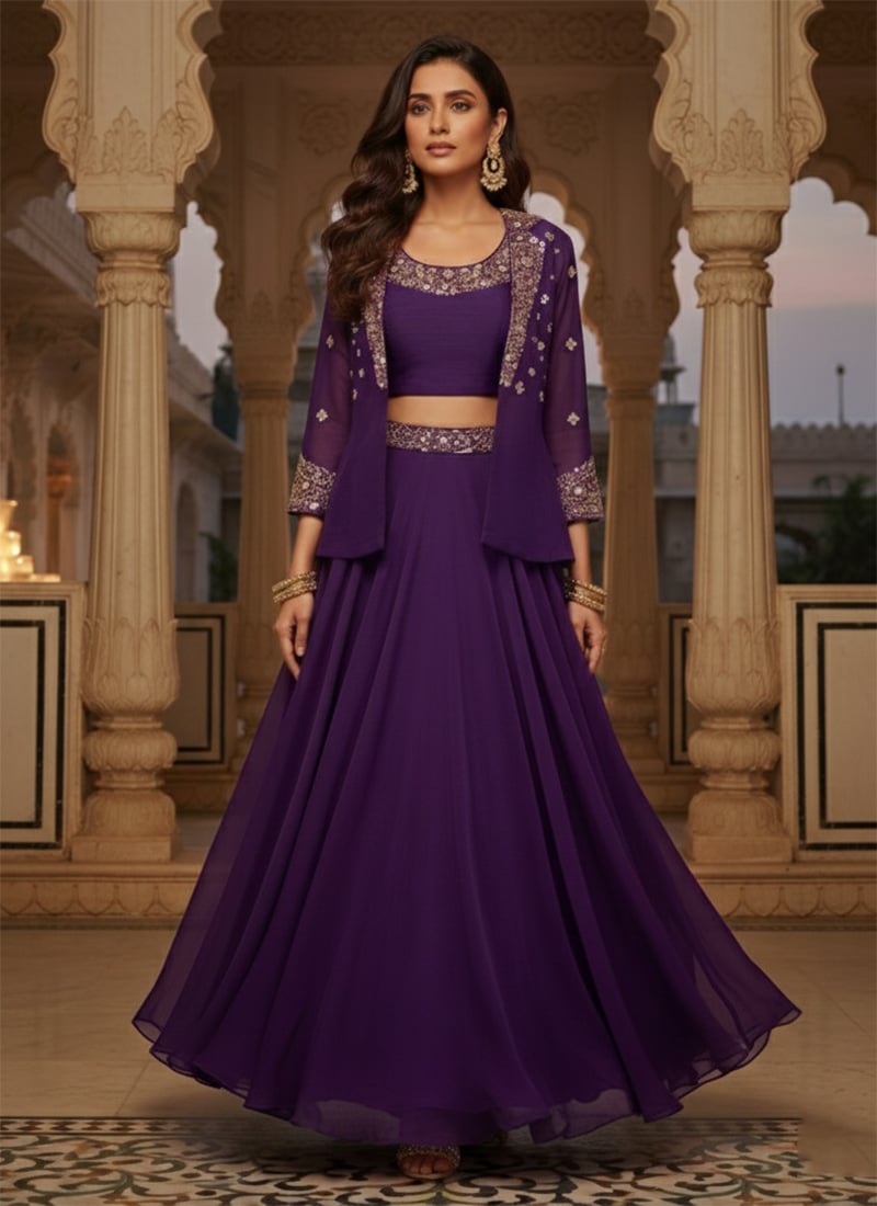Purple Georgette Sequins Beads Indowestern Skirt Set With Jacket After Six Wear