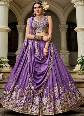 Purple Georgette Sequins Embroidered Cut Work Zari Lehenga Set Wedding Wear
