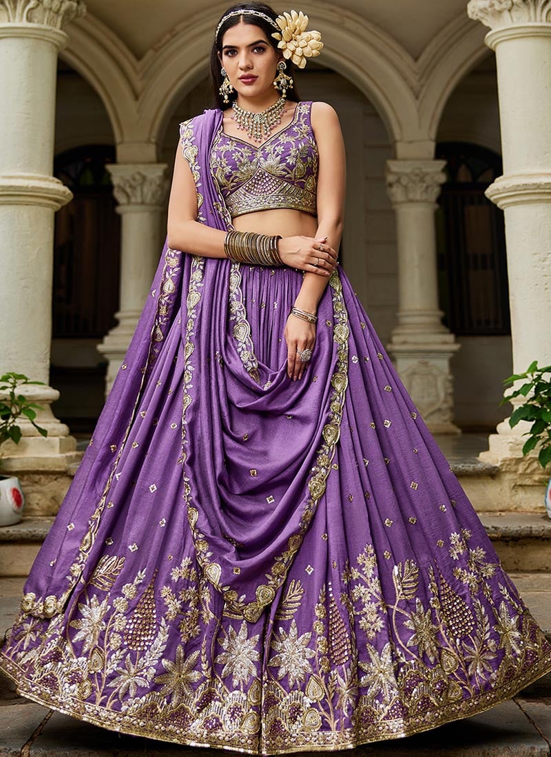 Purple Georgette Sequins Embroidered Cut Work Zari Lehenga Set
