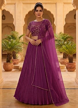 Purple Georgette Sequins Hand Embroidered Lehenga