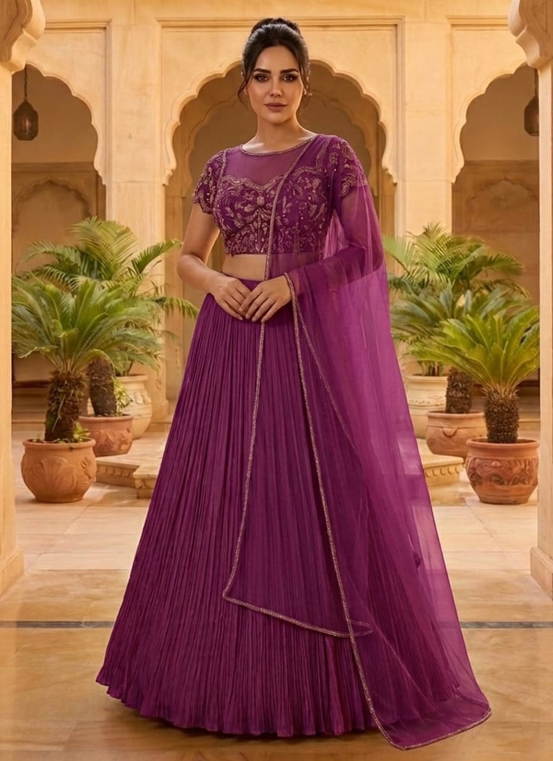 Purple Georgette Sequins Hand Embroidered Lehenga Wedding Wear