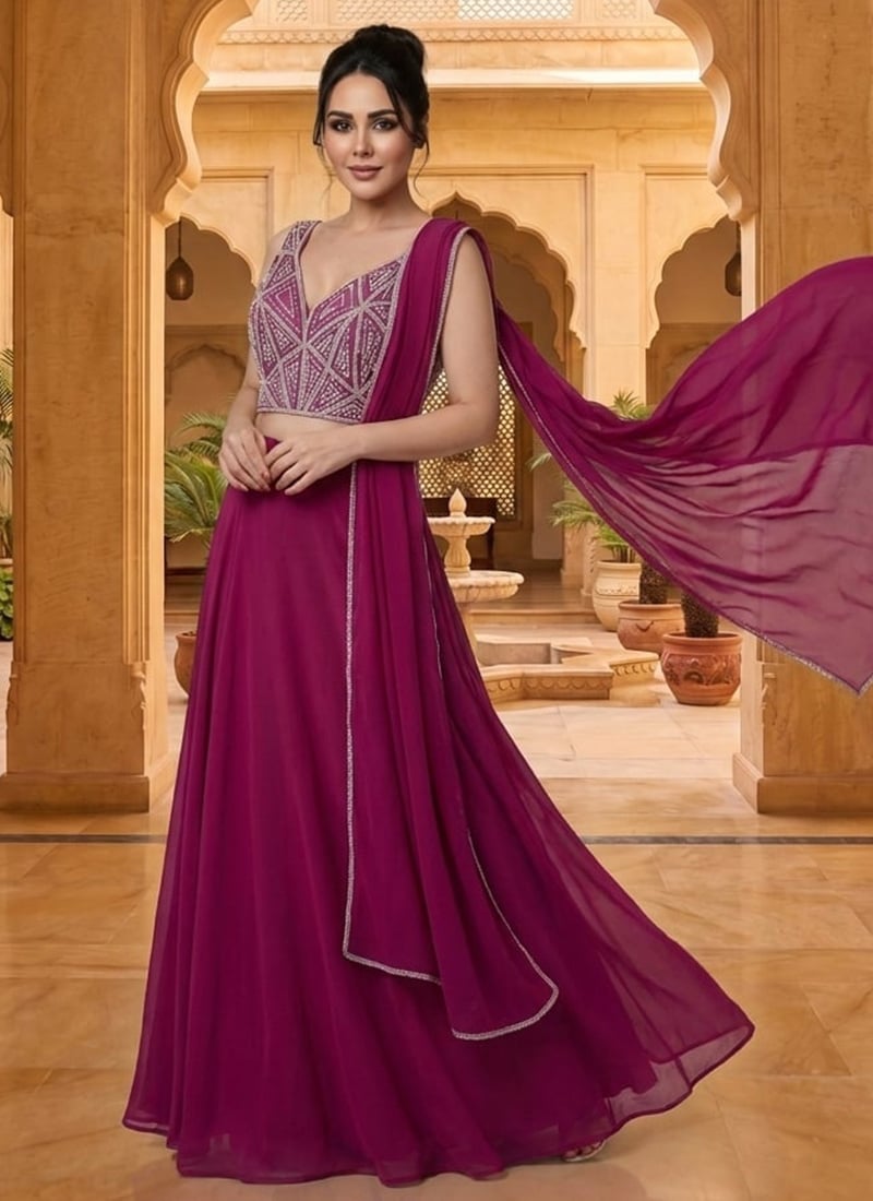 Purple Georgette Sequins Hand Embroidered Lehenga Wedding Wear