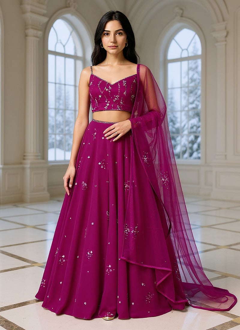 Purple Georgette Sequins Hand Embroidered Sequins Lehenga Wedding Wear
