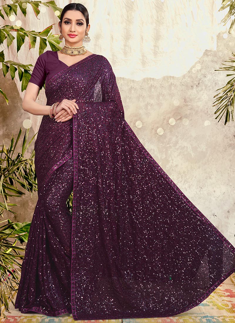 Buy Purple Georgette Sequins Saree Party Wear Sequins Sari Online Shopping Sassd