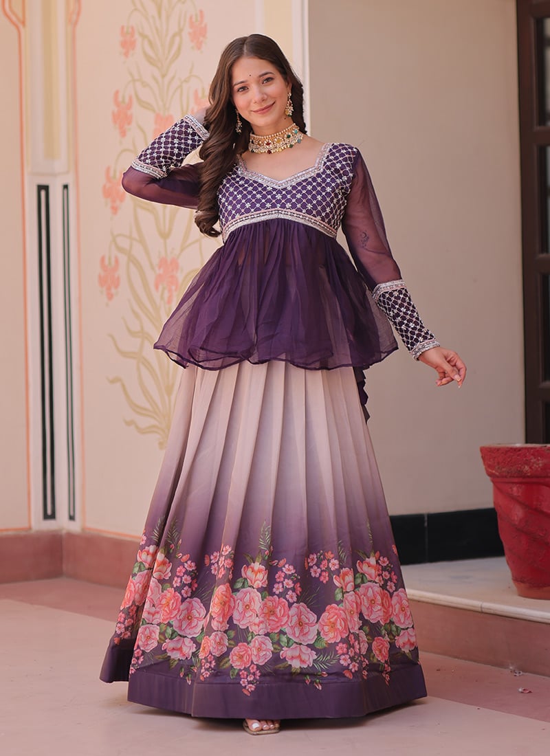 Purple Georgette Sequins Zari With Beads Peplum Blouse And Skirt Set  Festive Wear