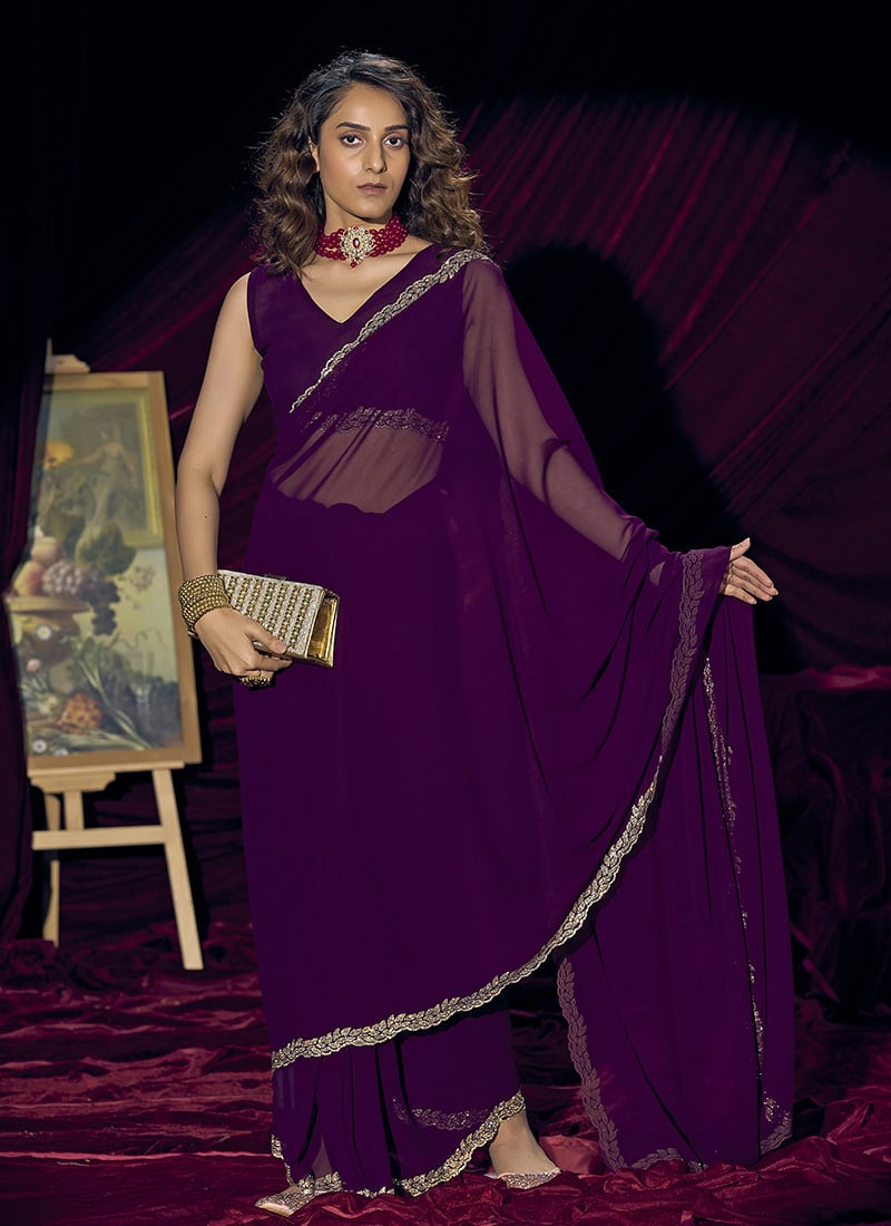 Purple Georgette Stone Work Saree After Six Wear