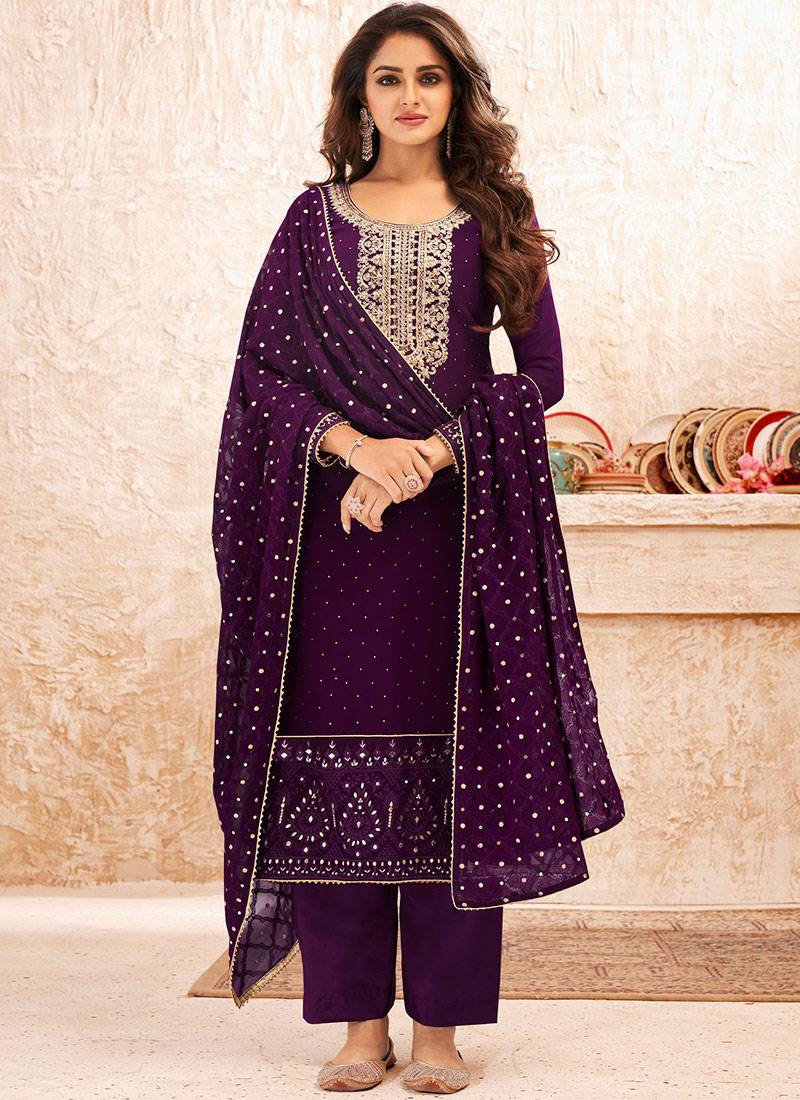 Buy Purple Straight Pant Suit After Six Wear, Stones