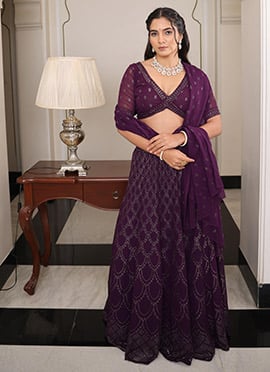 Purple Georgette Tikki Work Lehenga
