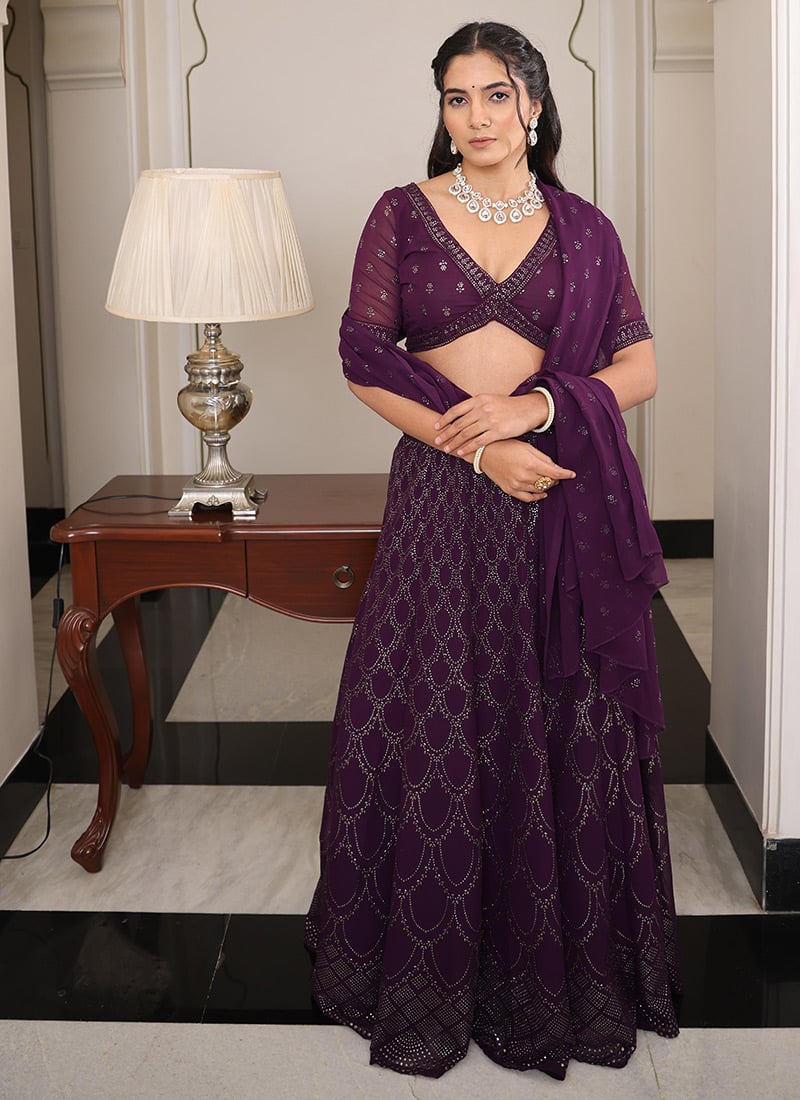Purple Georgette Tikki Work Lehenga