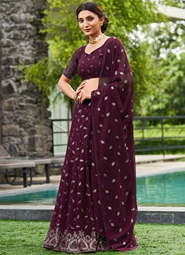 Purple Georgette Tikki Work Umbrella Lehenga