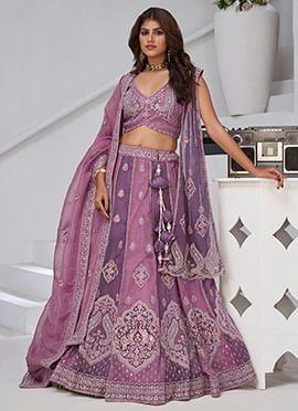 Purple Georgette Tissue Zari Embroidered Sequins With Stone Work Lehenga