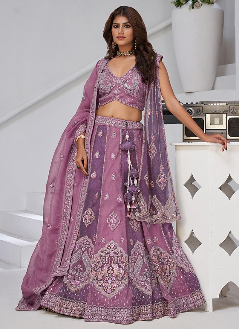 Purple Georgette Tissue Zari Embroidered Sequins With Stone Work Lehenga  Wedding Wear
