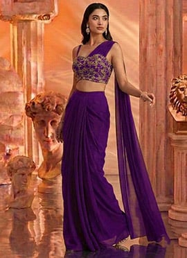 Purple Georgette Zardosi Sequins With Stones Pre Draped Indo Western