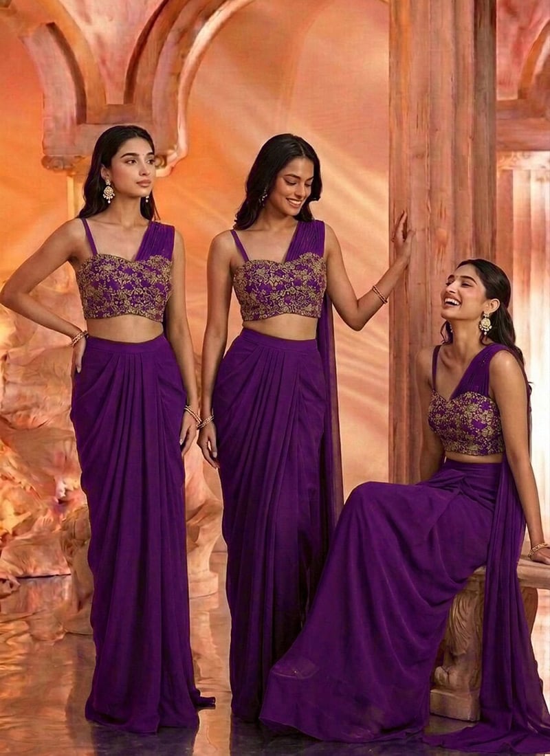 Purple Georgette Zardosi Sequins With Stones Pre Draped Indo Western Wedding Wear