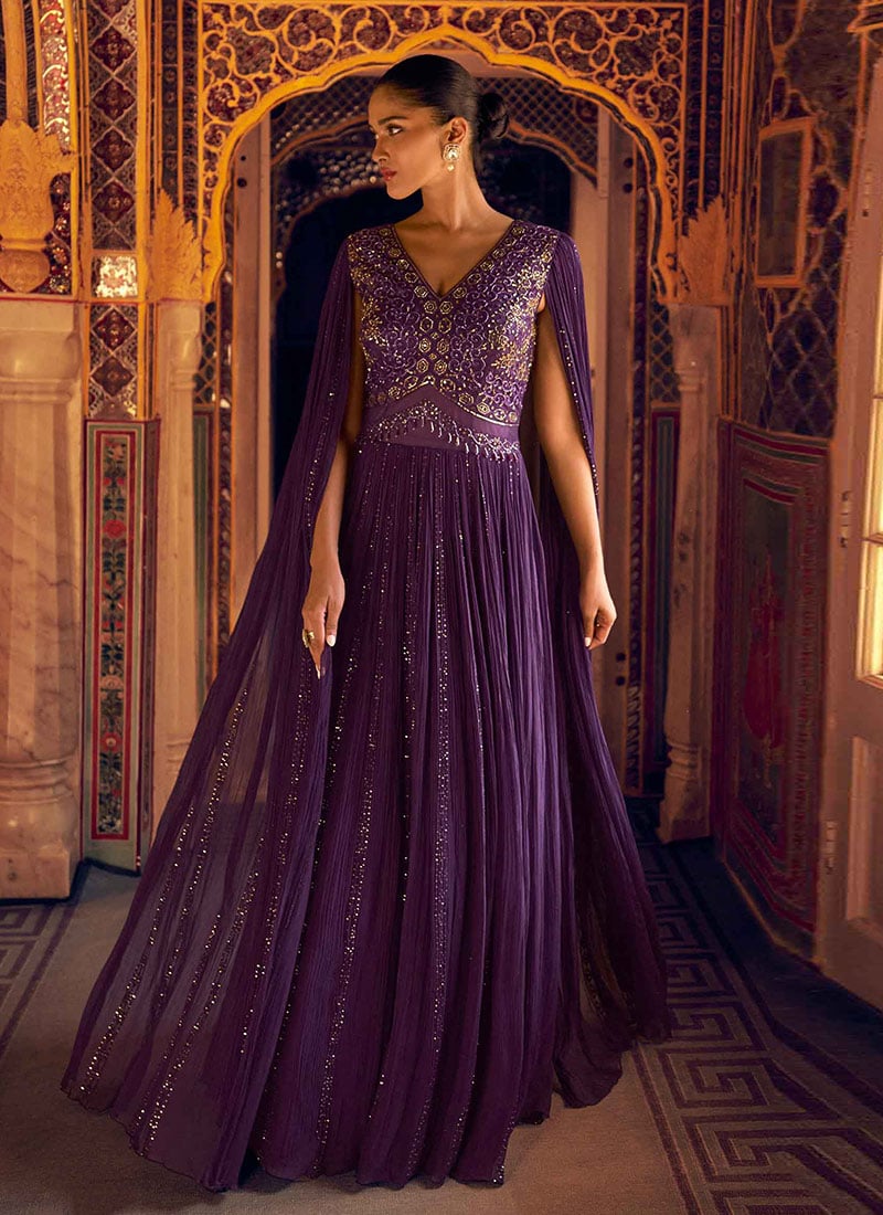 Purple Georgette Zari And Embroidered Sequins Cutdana Gown