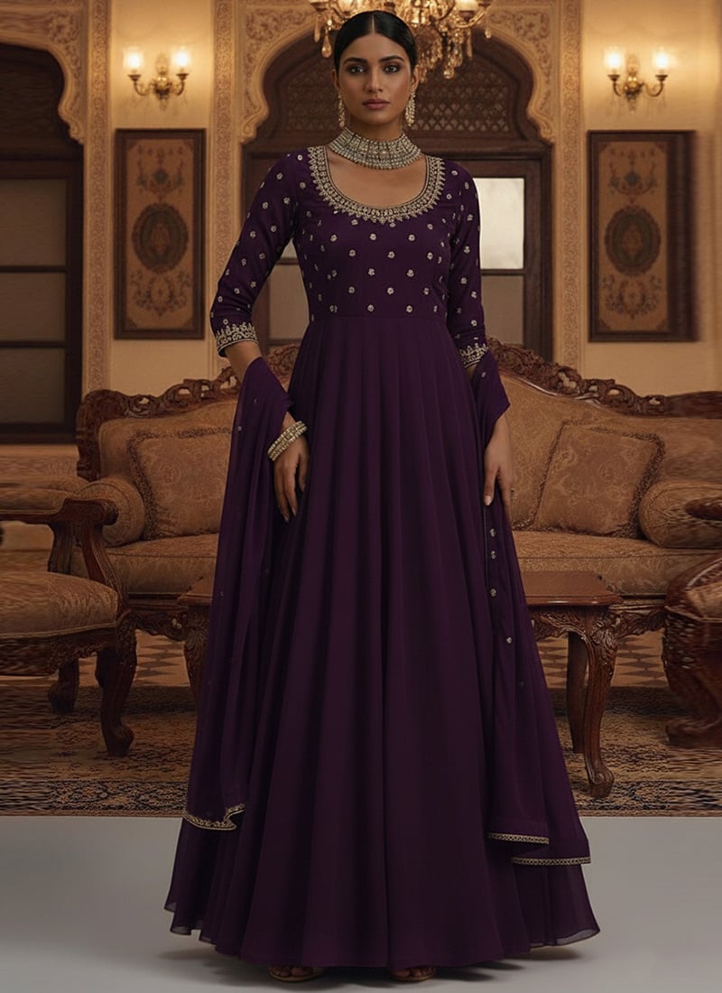 Purple Georgette Zari And Sequins Hand Embroidered Anarkali Suit Festive Wear