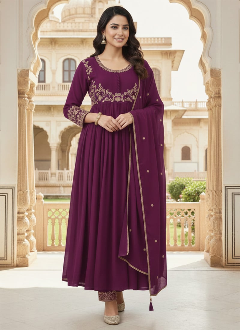Purple Georgette Zari And Stones Work Anarkali Suit Wedding Wear