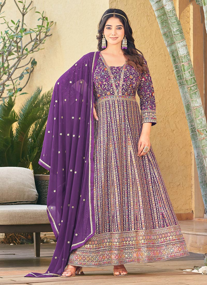 Purple Georgette Zari And Thread Embroidered Sequins Anarkali Suit Festive Wear