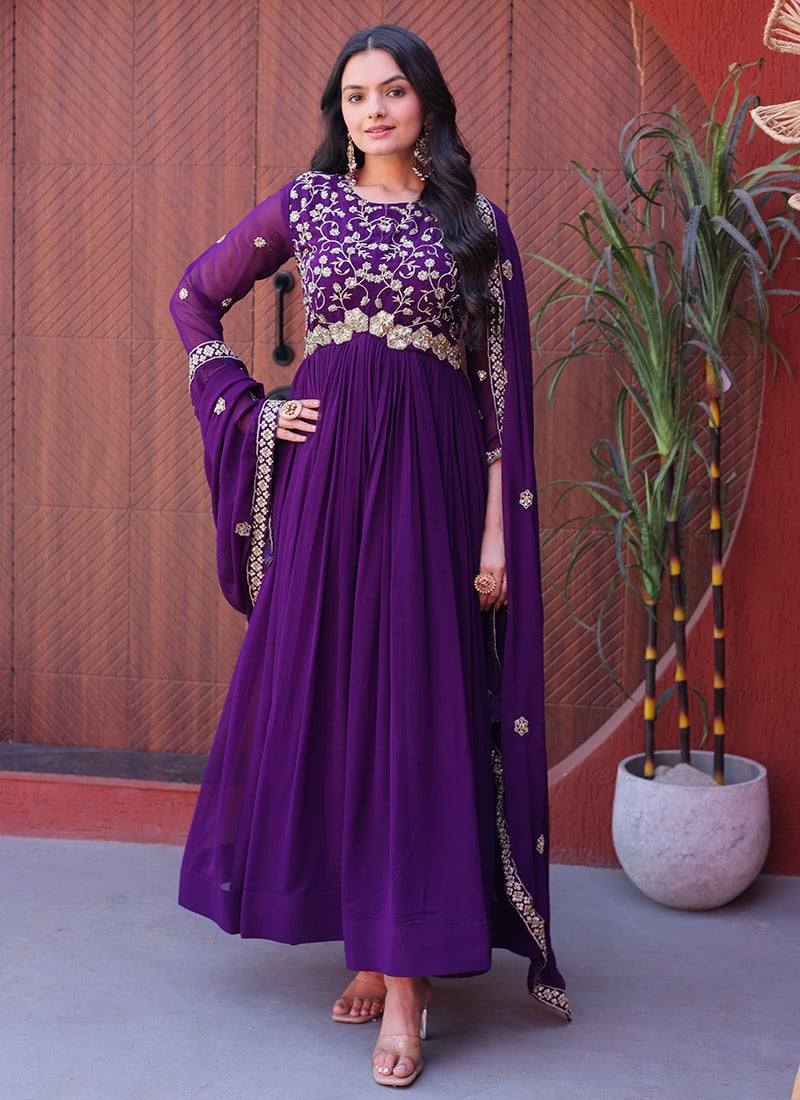 Purple Georgette Zari Embroidered Anarkali Suit Festive Wear