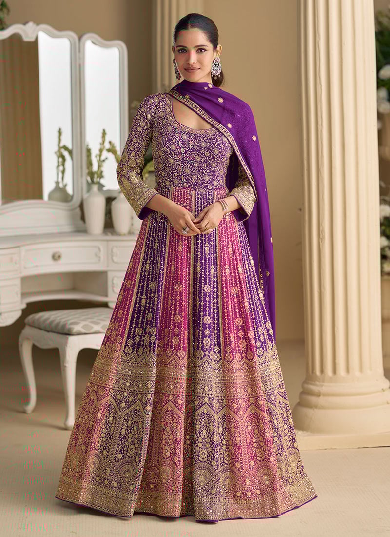 Purple Georgette Zari Embroidered Sequins A Line Anarkali Suit Festive Wear