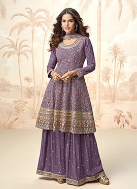 Purple Georgette Zari Embroidered Sequins A Line Palazzo Suit