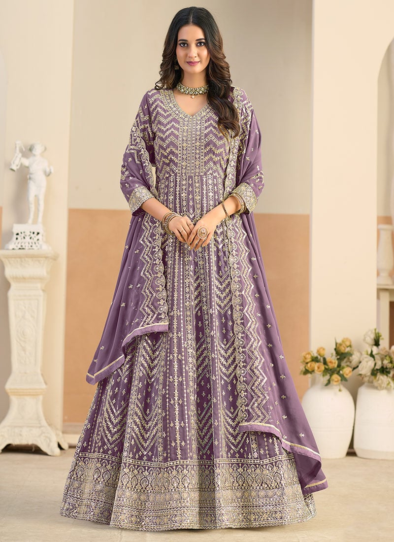 Purple Georgette Zari Embroidered Sequins Anarkali Suit Festive Wear