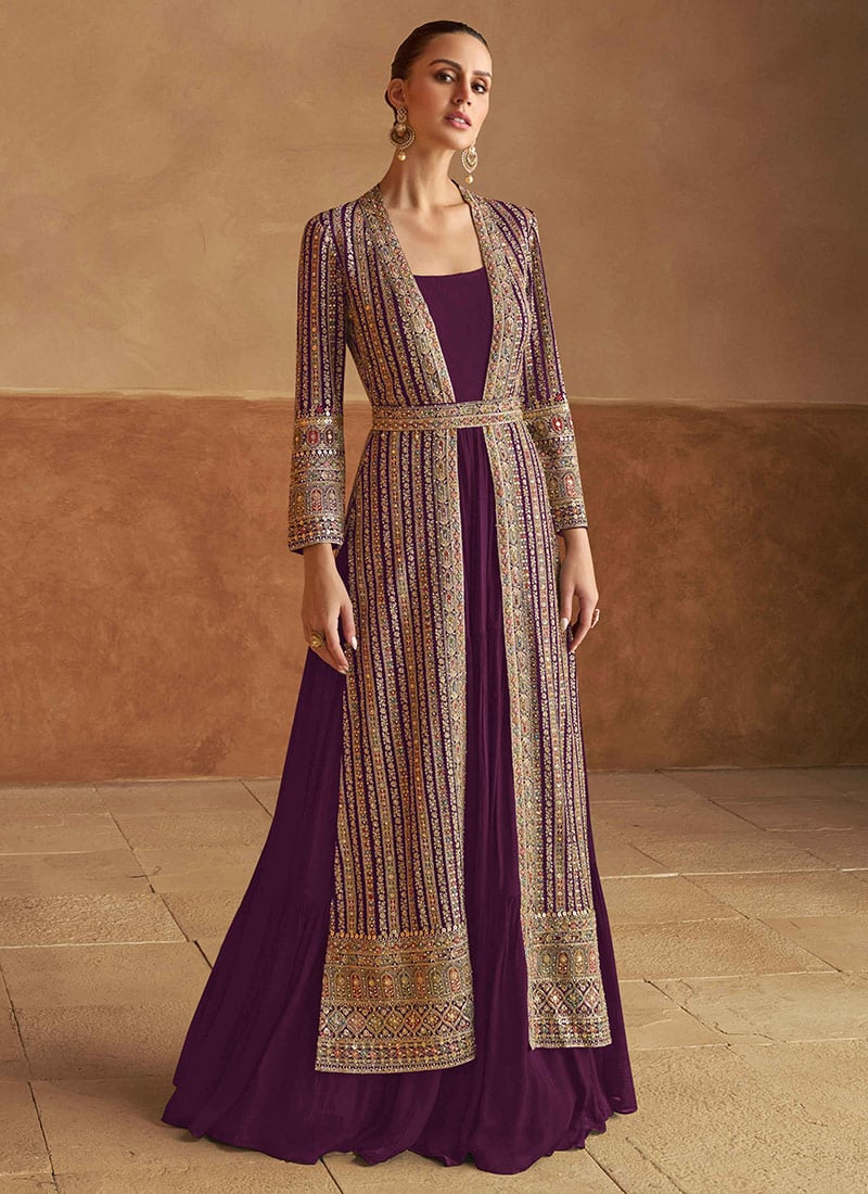 Purple Georgette Zari Embroidered Sequins And Stone Hand Work Gown With Jacket Festive Wear