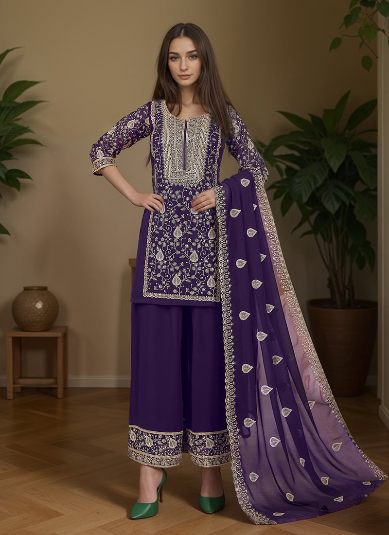 Purple Georgette Zari Embroidered Sequins Classy Palazzo Suit Festive Wear-SLSACZ4800
