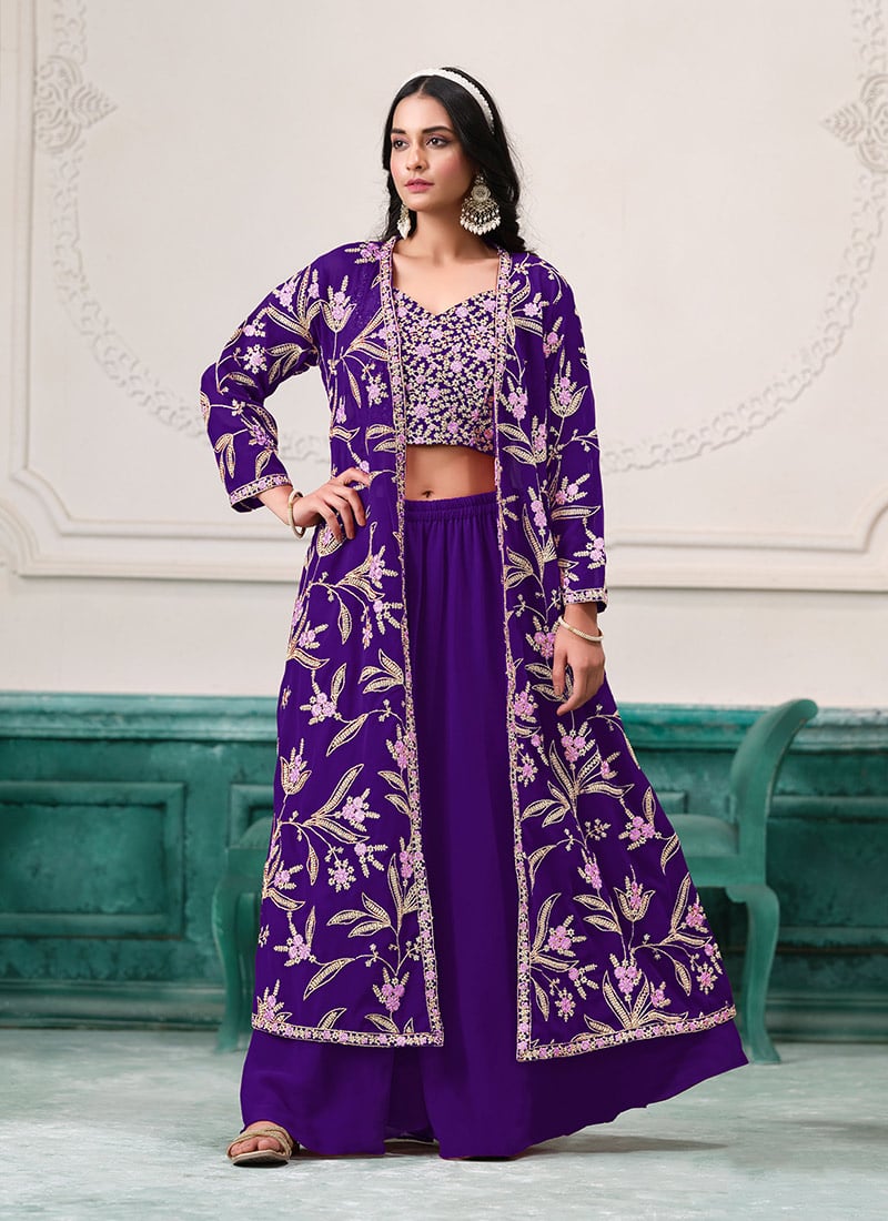 Purple Georgette Zari Embroidered Sequins Indowestern Jacket Palazzo Set