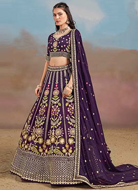 Purple Georgette Zari Embroidered Sequins Lehenga