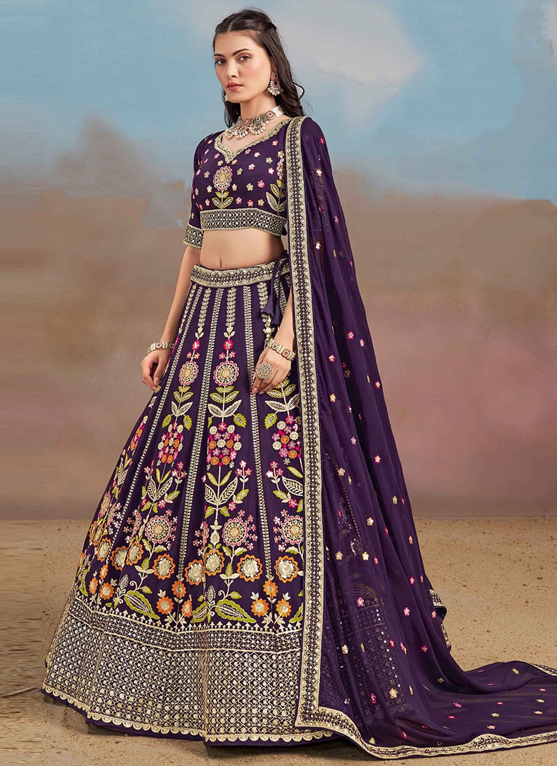 Purple Georgette Zari Embroidered Sequins Lehenga Wedding Wear