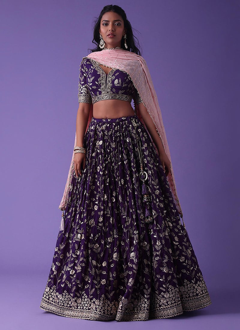 Purple Georgette Zari Embroidered Sequins Lehenga Wedding Wear