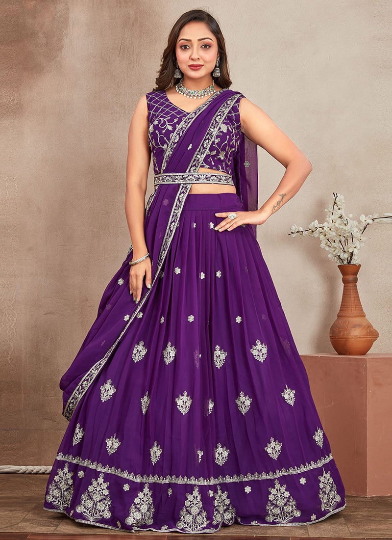 Purple Georgette Zari Embroidered Sequins Lehenga