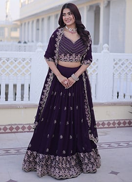 Purple Georgette Zari Embroidered Sequins Lehenga Set