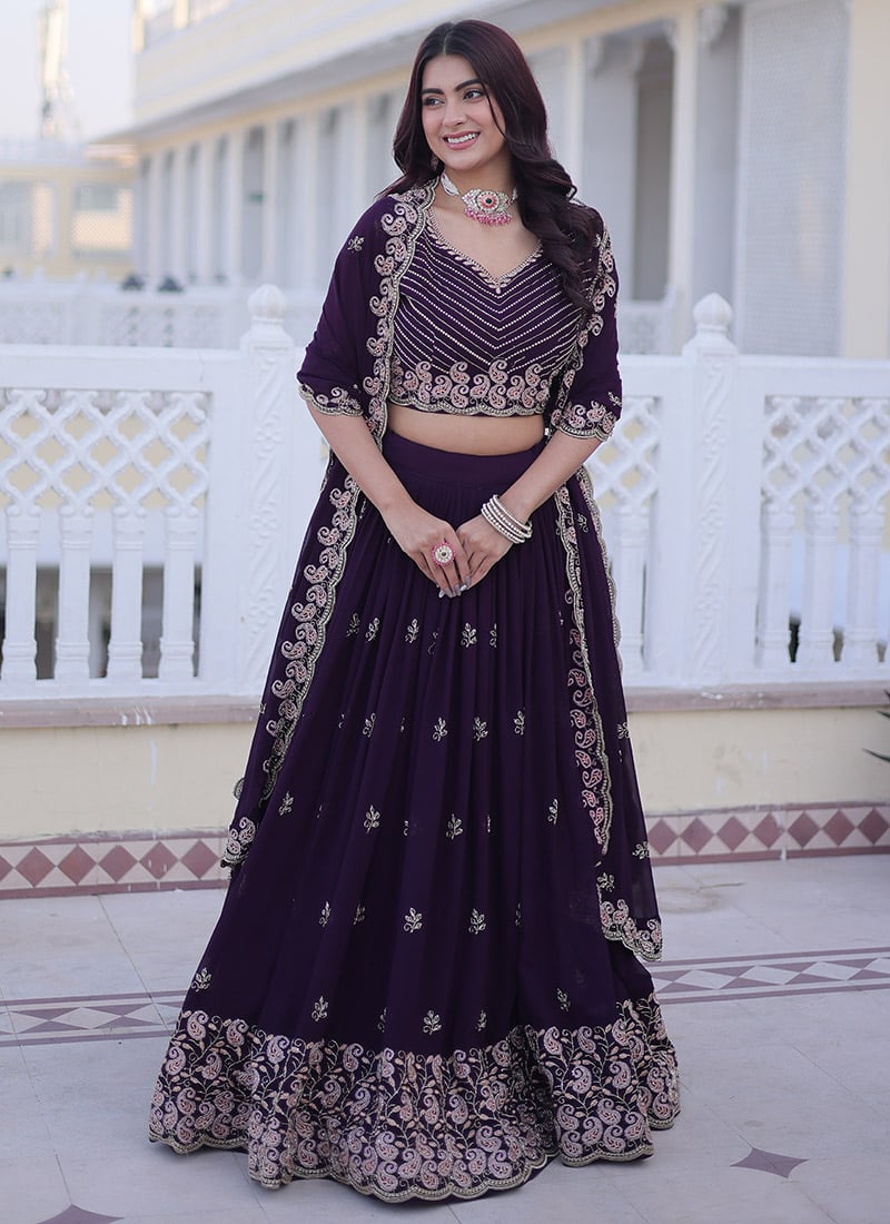 Purple Georgette Zari Embroidered Sequins Lehenga Set Wedding Wear