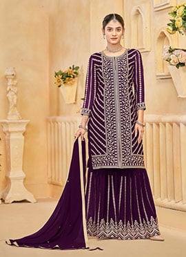 Purple Georgette Zari Embroidered Sequins Pakistani Sharara Suit