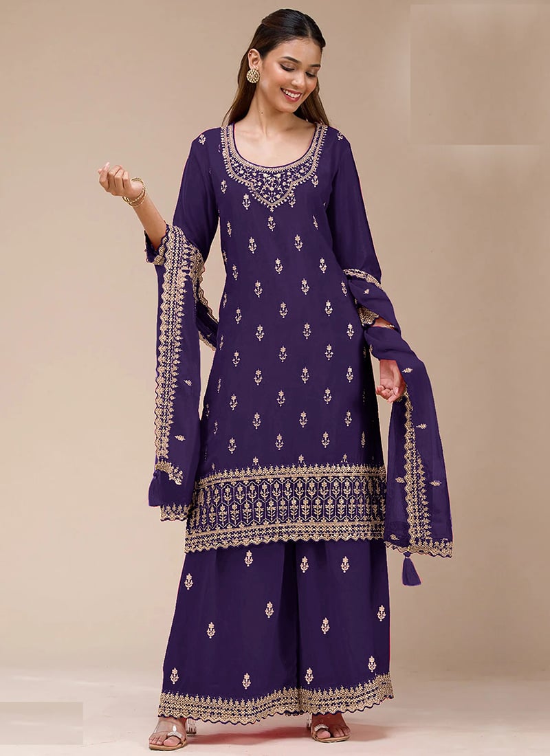 Purple Georgette Zari Embroidered Sequins Palazzo Suit Festive Wear